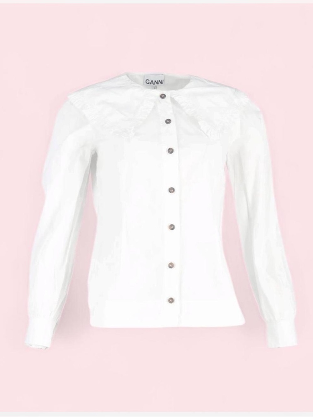 Ganni White Button-Up Blouse with Lace Point Collar
